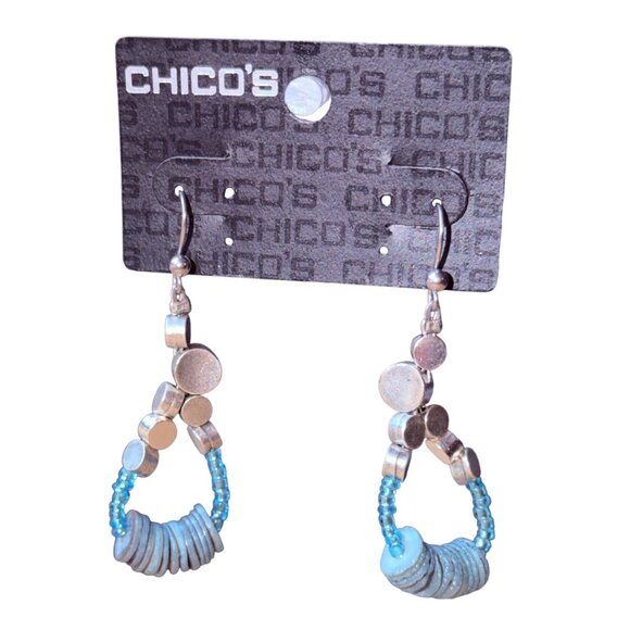 Vintage 1990s Chico’s Silver Teardrop Blue Beaded Dangle Earrings Mixed Metal - Picture 2 of 9